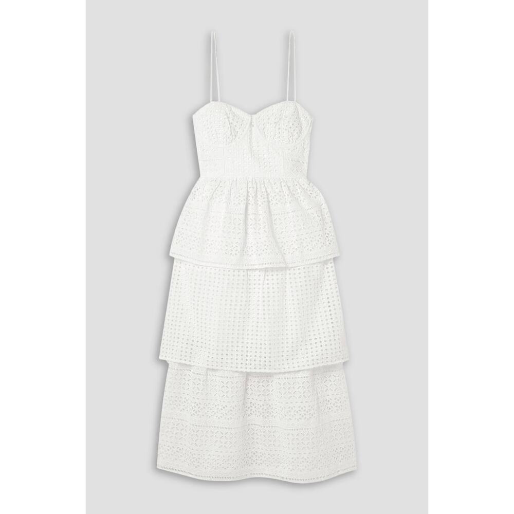 Self-Portrait White Bridal Broderie Anglaise Cotton Voile Tiered Midi Dress 6 - Picture 6 of 13